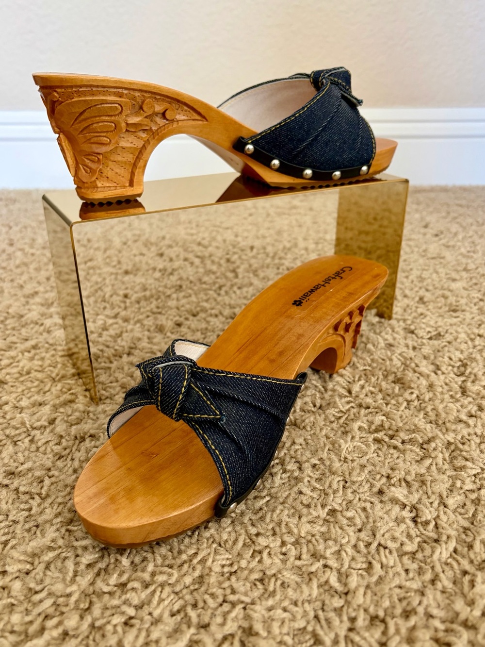 Denim Knot hand carved wood butterfly heels, New Size 9